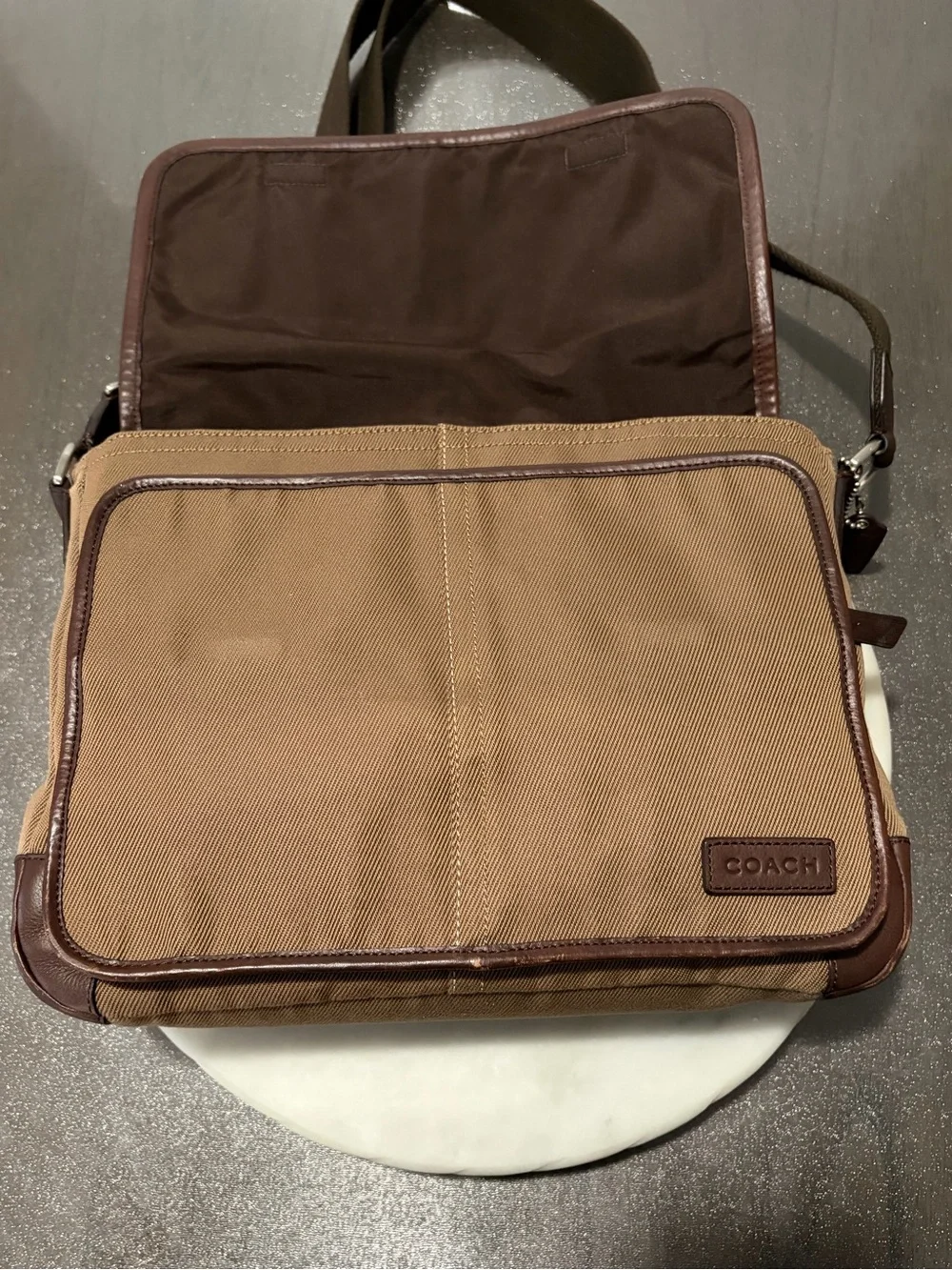 COACH Essex Canvas Crossbody Messenger Bag F70677 w/ Leather Trim Khaki Brown